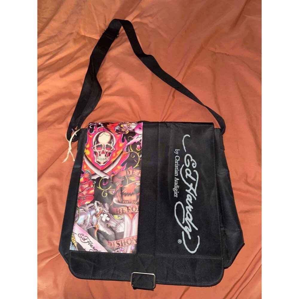 Christian Audigier Black Messenger Bag with Multicolor Tattoo Skull Panel